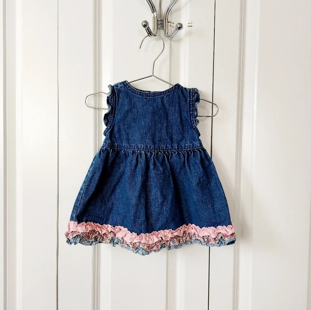 Y2k '02 Snow Angels Denim Jumper Dress Calico Ruffle 6-12m‎ Vintage Gymboree